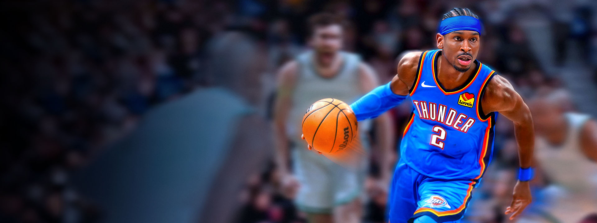 Shai Gilgeous-Alexander wearing a Thunder jersey, dribbling a basketball