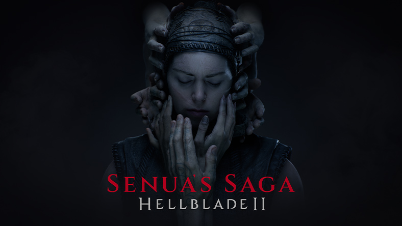 Senua’s Saga Hellblade logo, Senua with her eyes closed as multiple hands grab at her face.