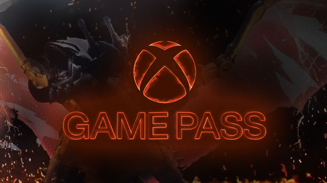 Xbox Game Pass logo against DOOM: The Dark Ages scenery