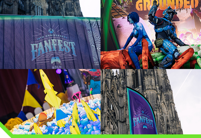 Fanfest anniversary logo, Grounded logo, a collage of images from the Gamescom 2025 FanFest event