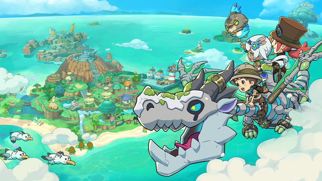 Characters flying on a skeleton dragon above a fantasy island community centered around a volcano.
