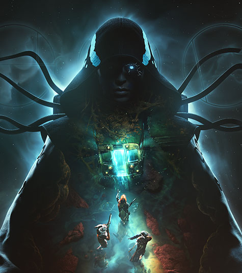 Three team members approaching the back of a subway car all within a silhouette of a cloaked antagonist. 