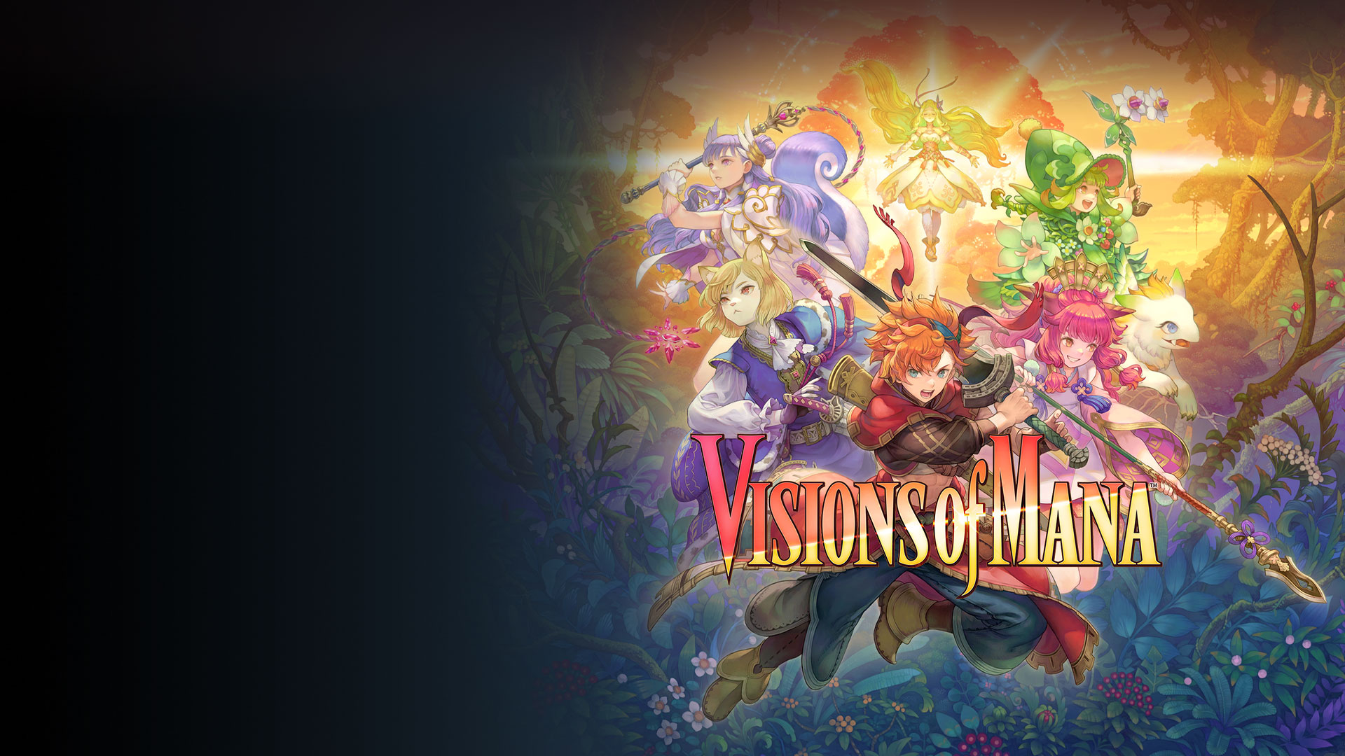 Visions of Mana logo, five characters jumping in the air ready to fight as a glowing woman floats in the air behind them.