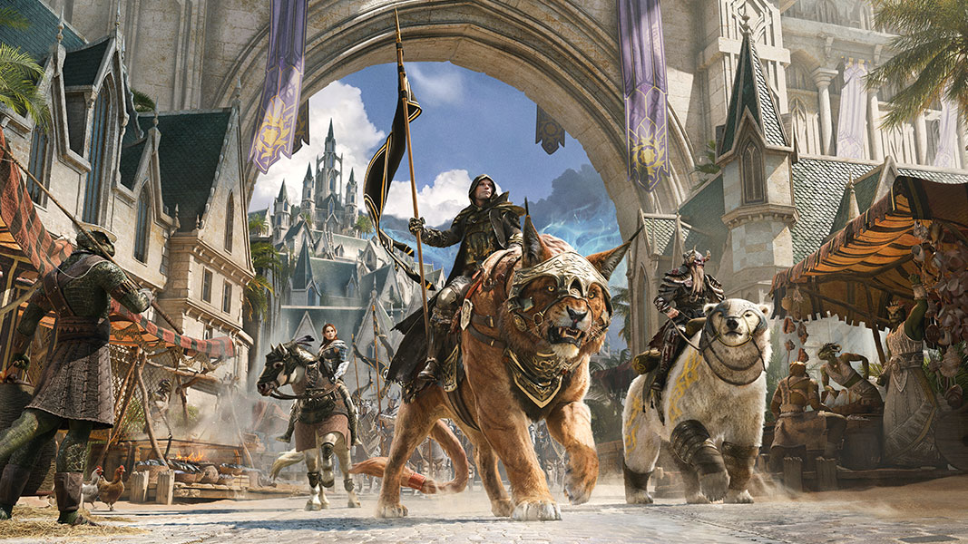 Three armored warriors exit city gates riding on beasts while townspeople look on