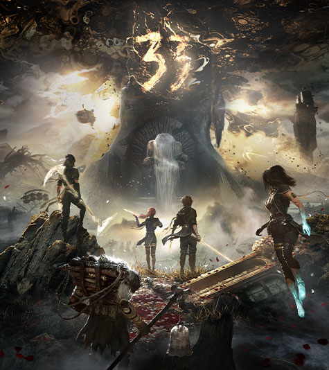Five Expeditioners holding weapons stand on a stormy cliff before the Paintress underneath the number 33 written in the sky.