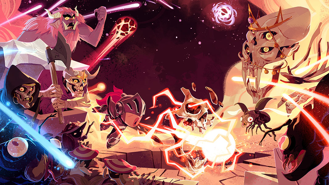 A cartoon style, fantasy-like knight battles their way through a dungeon full of monsters and creatures, attacking them with a ball of magical energy