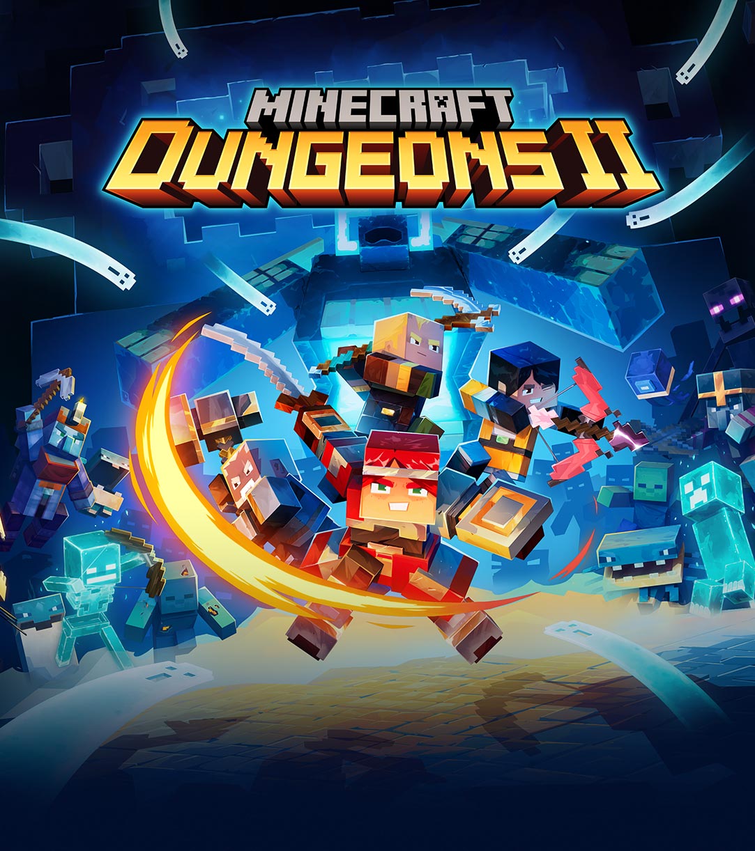 The Minecraft Dungeons II logo over characters fighting in a dungeon 