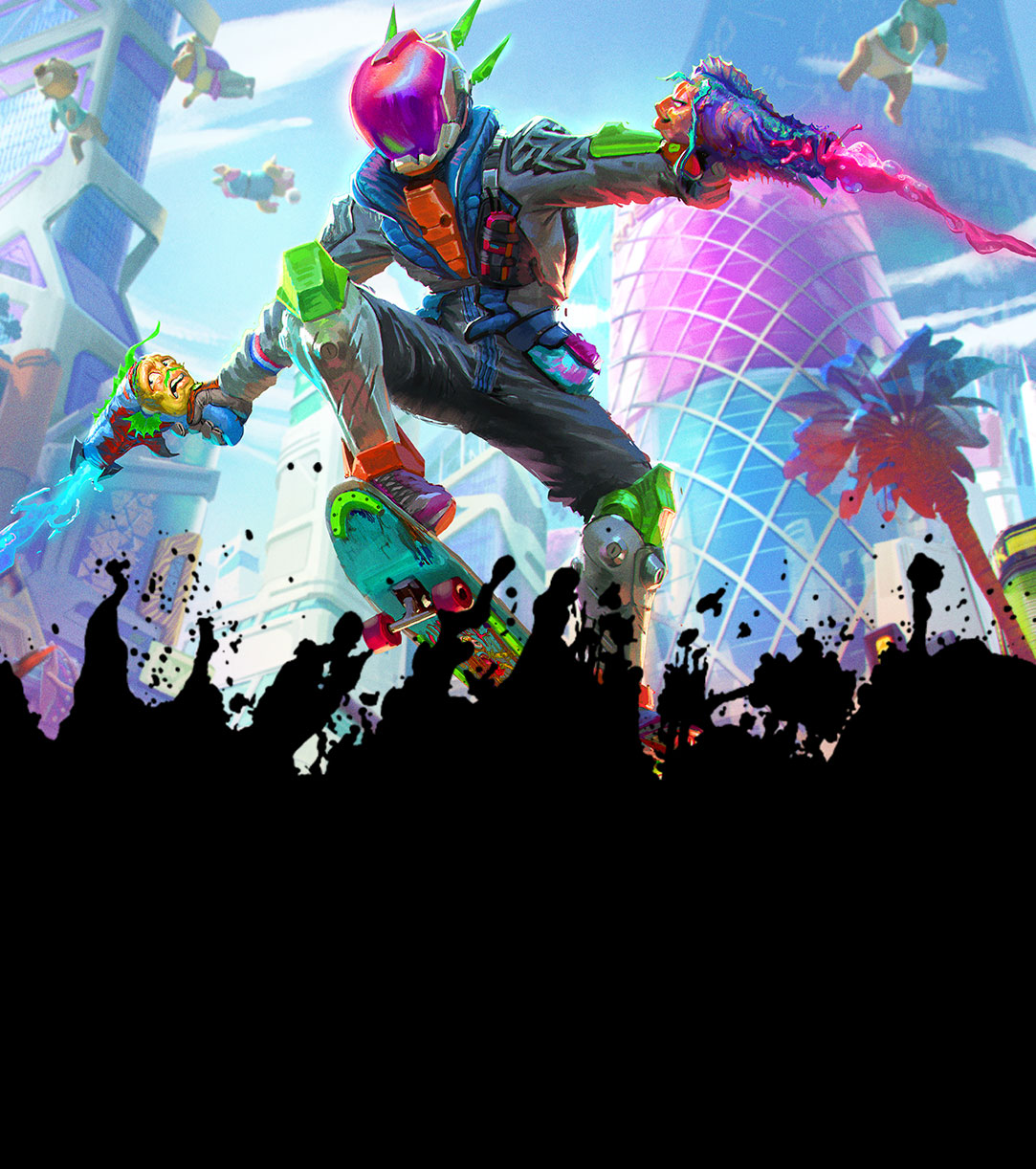 The Bounty Hunter soars through the air on their skateboard in a futuristic city.