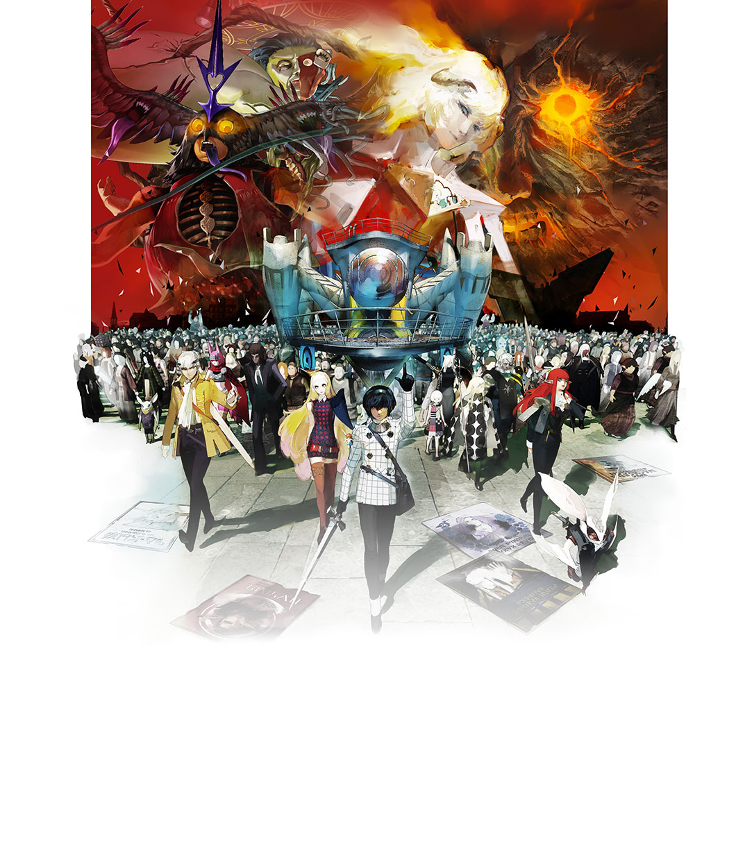 The protagonist walking with a large group of people while raising his pointer finger to the sky and holding a sword to the ground in his other hand.