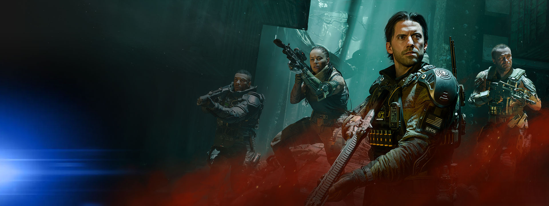 Logotipo de Call of Duty®: Black Ops 7, tres hombres y una mujer con equipo táctico y armas grandes caminan entre los restos de un edificio con gas rojo saliendo del suelo.