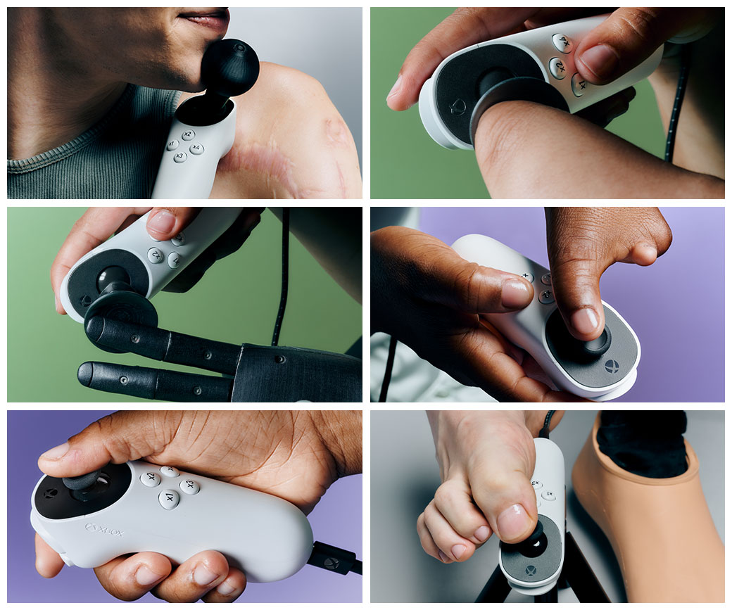 A mosaic of six images showing different ways to use the XBOX Adaptive Joystick: using a chin, an amputated hand, a prosthetic hand, two hands, a single hand, and a toe.