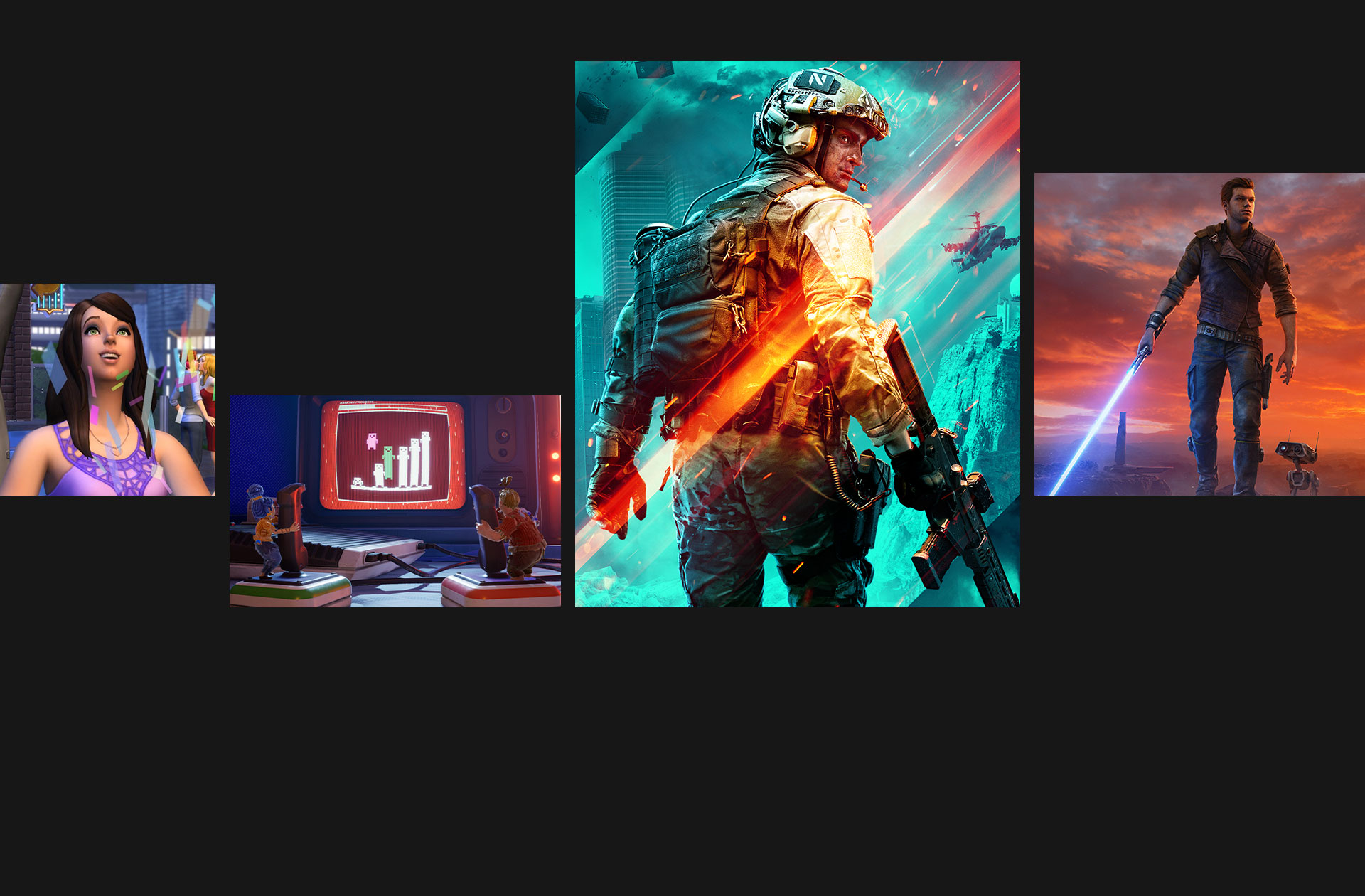 Game art from The Sims 4, It Takes Two, Battlefield 2042, and STAR WARS Jedi: Survivor