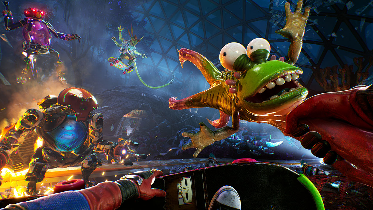 Gus waves their arms excitedly as enemies approach in the background.