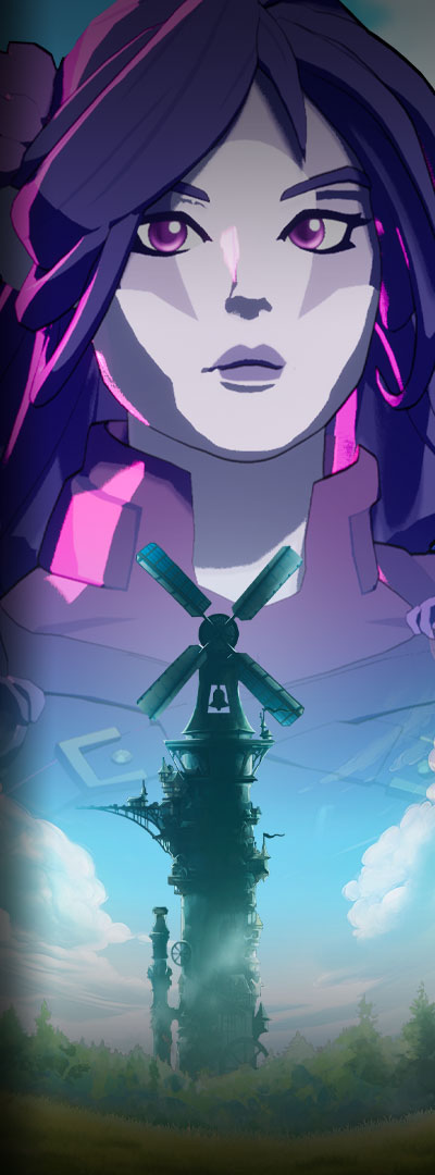 Towerborne game panel featuring a purple elf woman standing under the shadow of a tower.