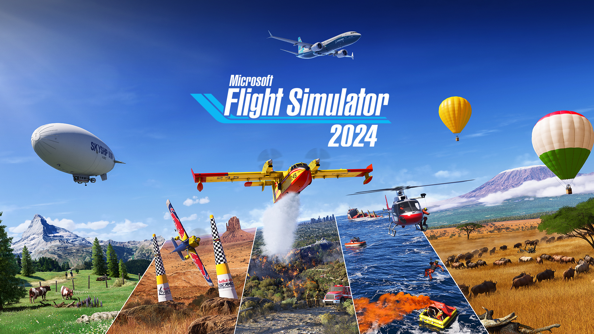 Microsoft flight simulator 2024 logo, planes, blimps and hot air balloons flying over multiple different scenes of nature.