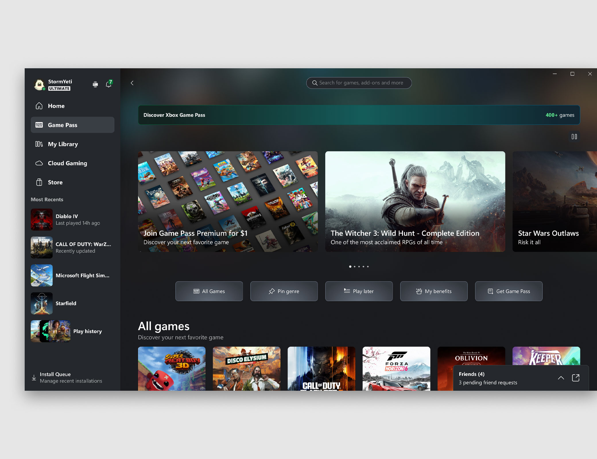 Xbox PC 앱 사용자 인터페이스에 Cloud Gaming 탭이 표시된 모습.
