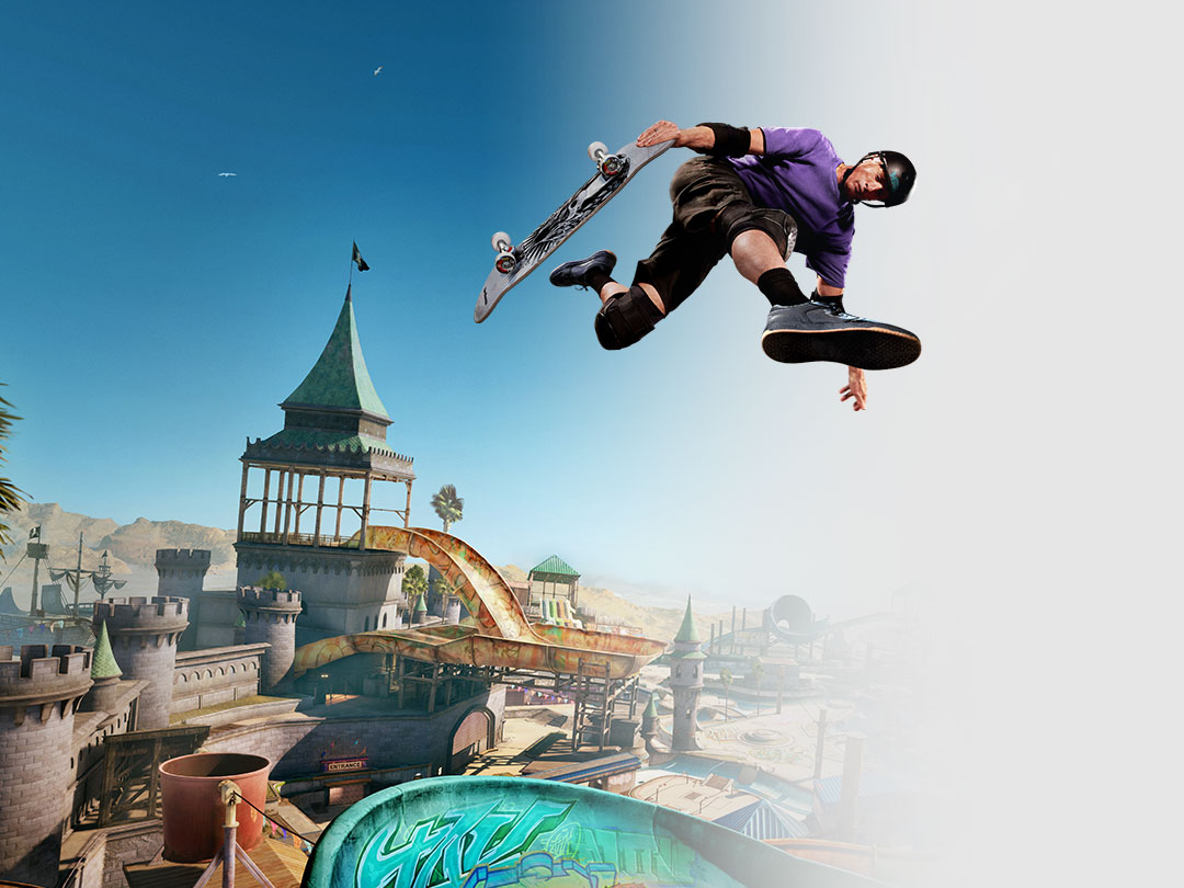 Tony Hawk en train de faire une figure en plein vol au-dessus d'un skate park élaboré sur le thème du château.