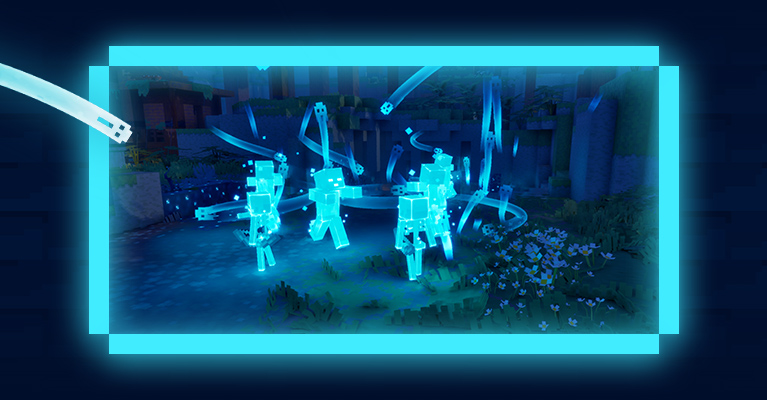 Glowing blue mobs are surrounded by flying glowing souls. 
