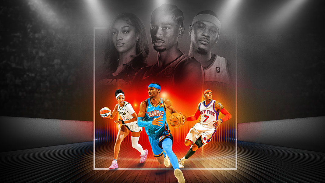 Action shots of Angel Reese, Shai Gilgeous-Alexander, and Carmelo Anthony in color with their black and white headshots in the background. 