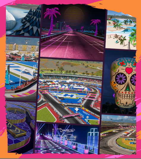 A collage of different courses and themed images from Forza Horizon 5 - Horizon Realms. 