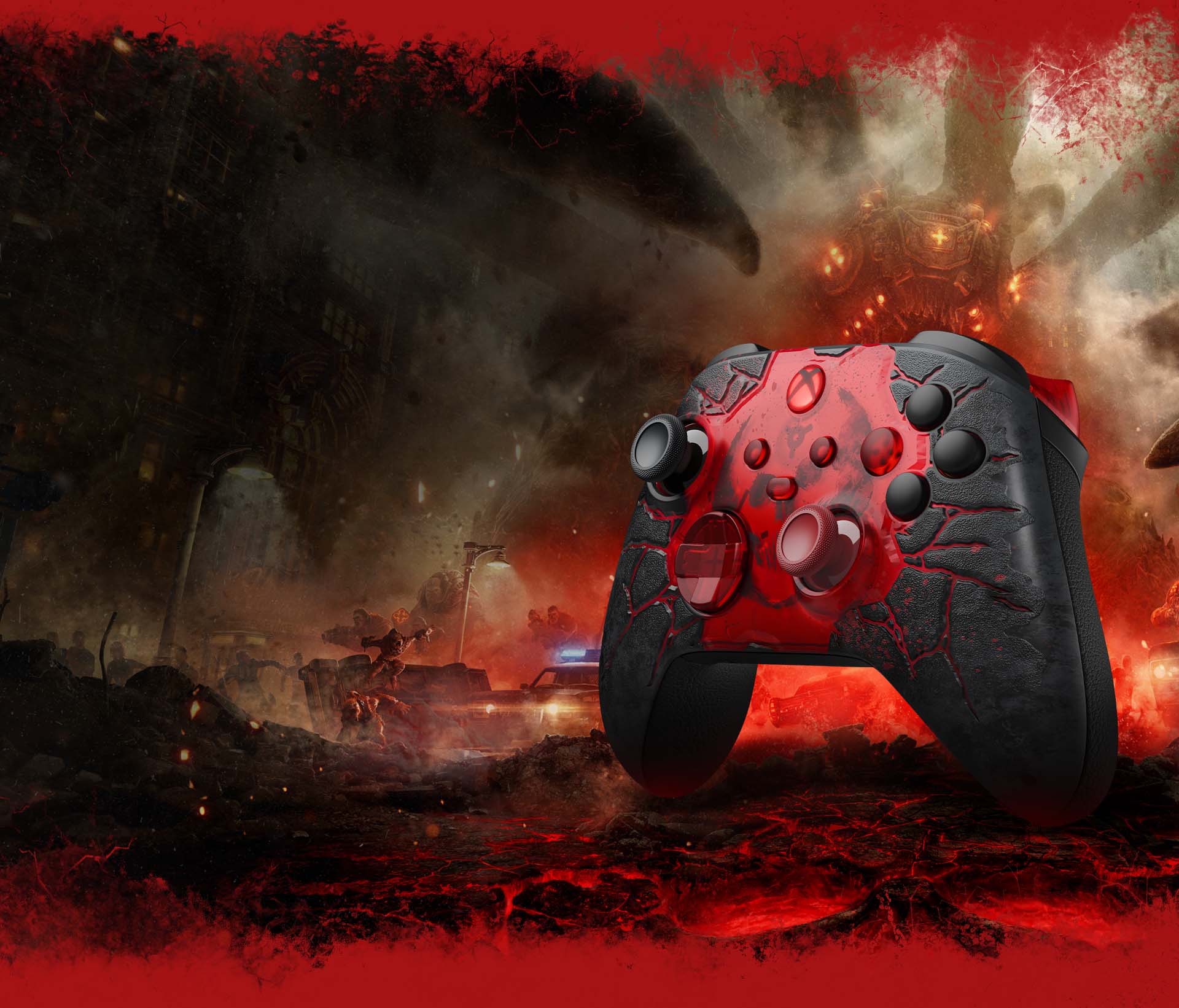 Controle sem fio XBOX – Gears of War: E-Day, disponível com o XBOX Design Lab em um plano de fundo de campo de lava