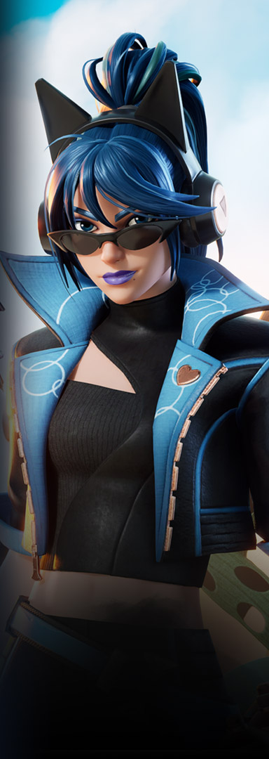 A woman with long blue hair in a high ponytail wears black sunglasses, pointing cat ears, and a blue and black cropped leather jacket. 
