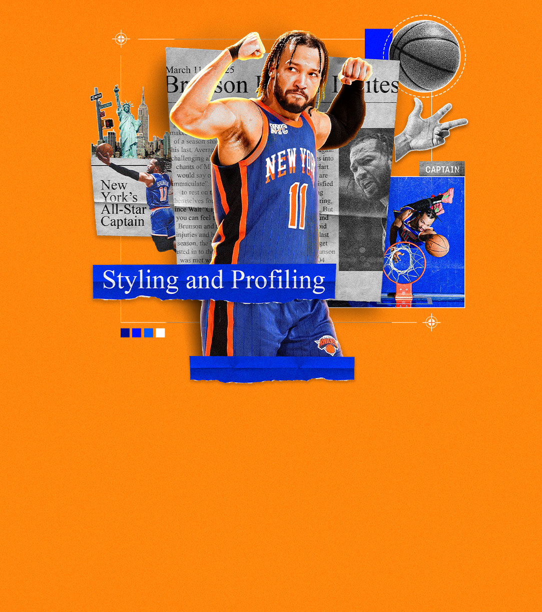 2k25, Season Seven, Featuring Jalen Brunson, cut out of Jalen in front of newspaper clippings and other images of him playing basketball