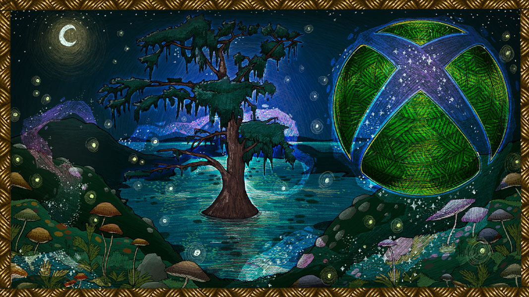 The Xbox logo floating above lush land against a starry background.