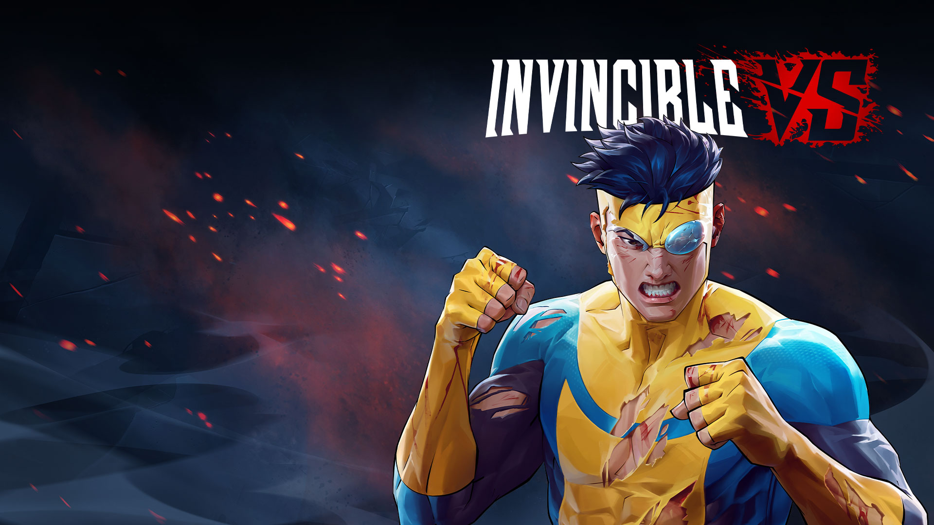 Logotipo do Invincible VS. Invincible ergue os punhos com raiva, mesmo ferido e coberto de sangue.