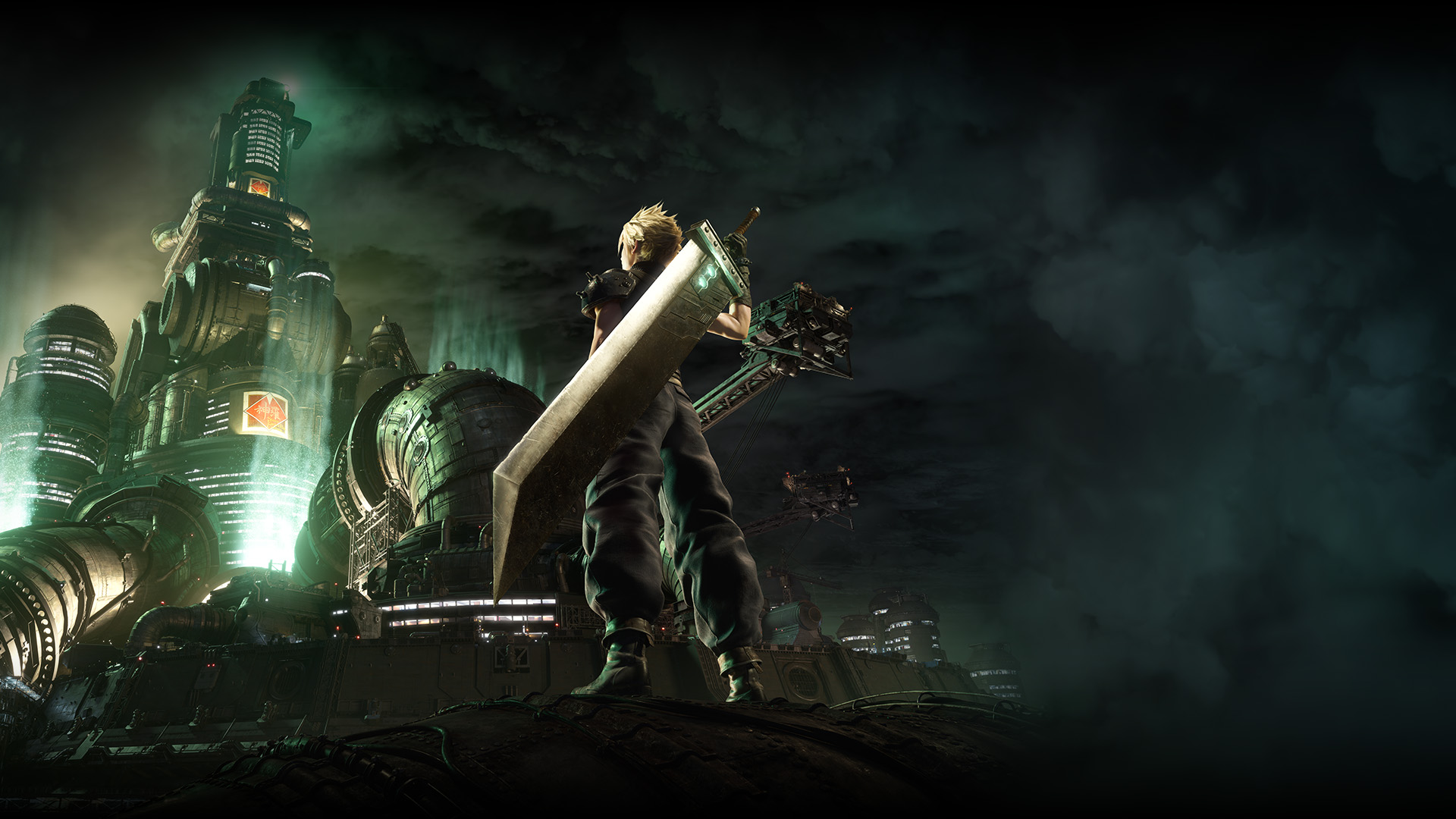 Cloud Strife patrzy w górę na siedzibę Shinry, trzymając miecz za plecami.