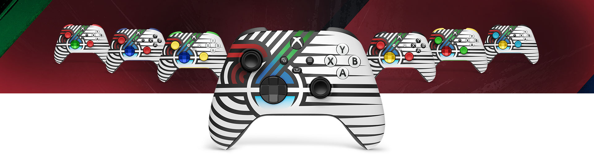 Collection de plusieurs manettes sans fil XBOX – Team Spirit en édition limitée avec XBOX Design Lab, dans différentes combinaisons de couleurs.
