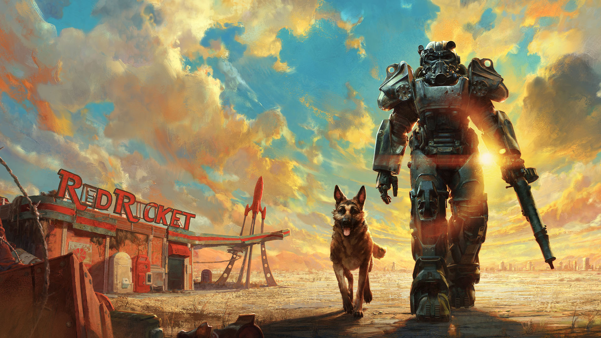 A lone survivor in bulky Power Armor stands in a sunlit wasteland with a Red Rocket station in the distance, accompanied by an alert German Shepherd