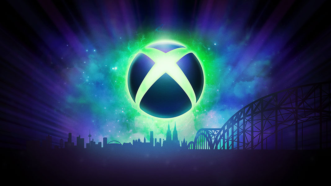 Xbox sphere logo above skyline of Cologne, Germany.