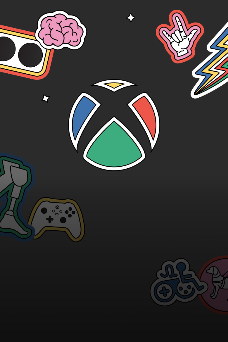 Colorful graphics of accessible controllers, a prosthetic leg, and a service dog around the Xbox logo. 