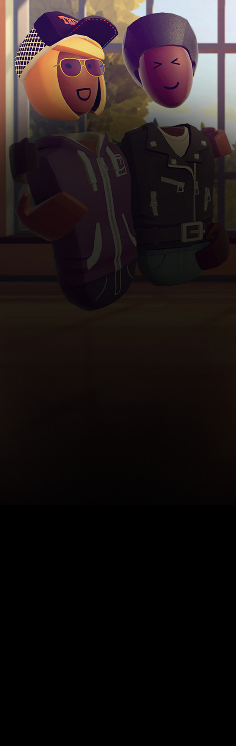 A figure with a blonde bob and baseball cap puts their arm around another figure with an afro wearing a leather jacket.