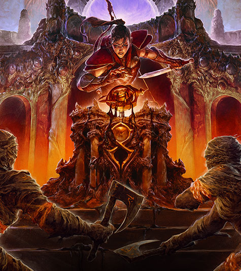 Heroes protect a mystical podium from chained undead.