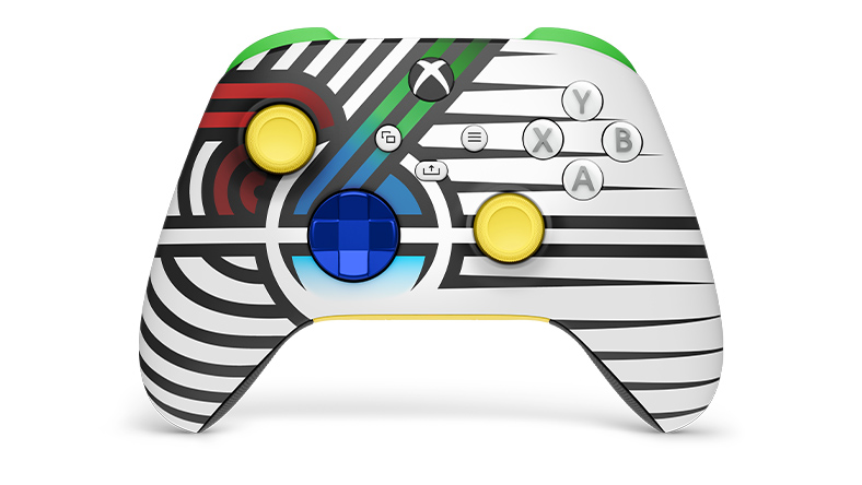 Vue avant de la manette sans fil XBOX – Team Spirit en édition limitée avec XBOX Design Lab, dans des coloris personnalisés vert, jaune et bleu.