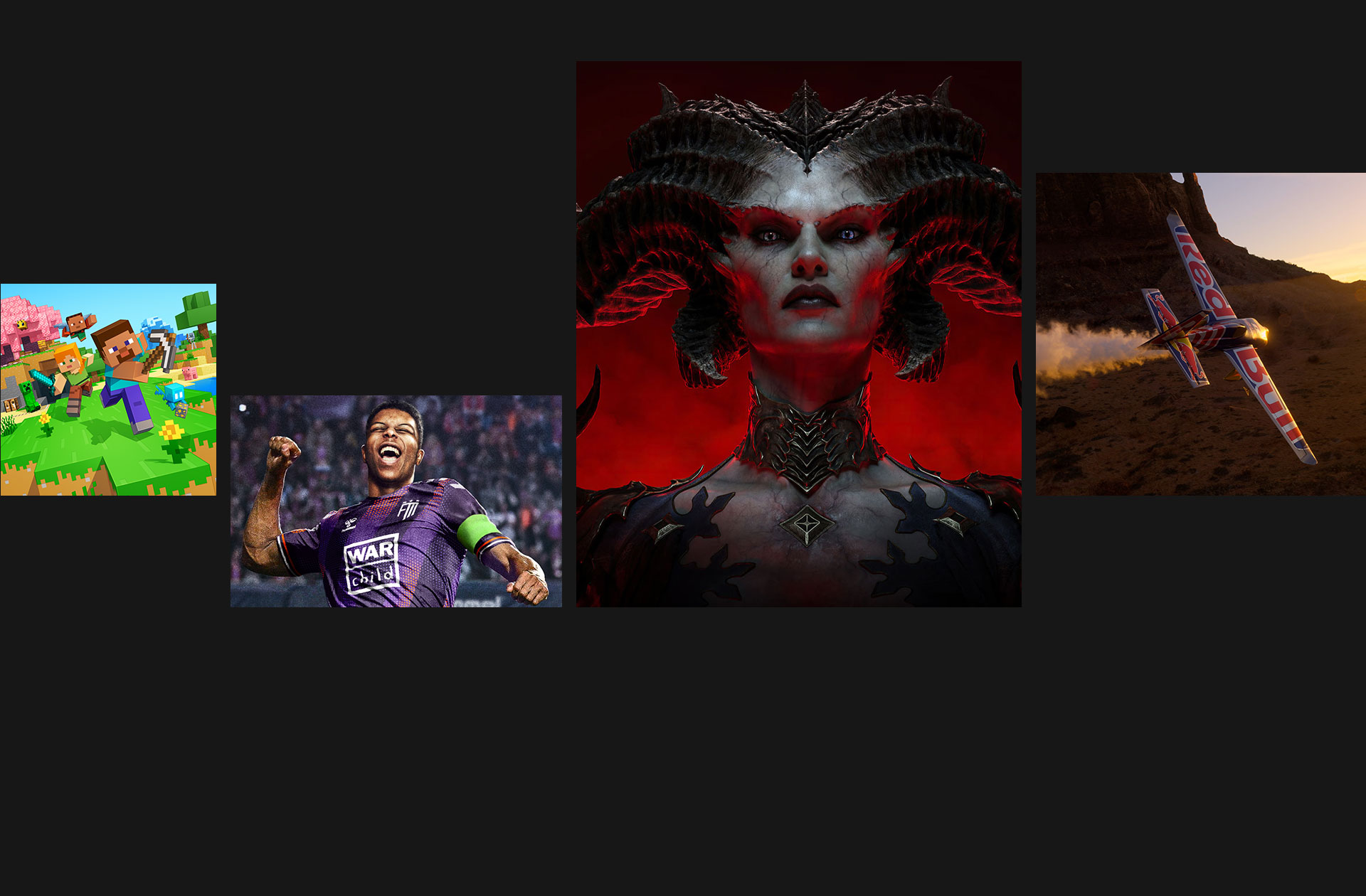 Game art from Minecraft, Football Manager 24, Diablo IV, and Microsoft Flight Simulator 2024