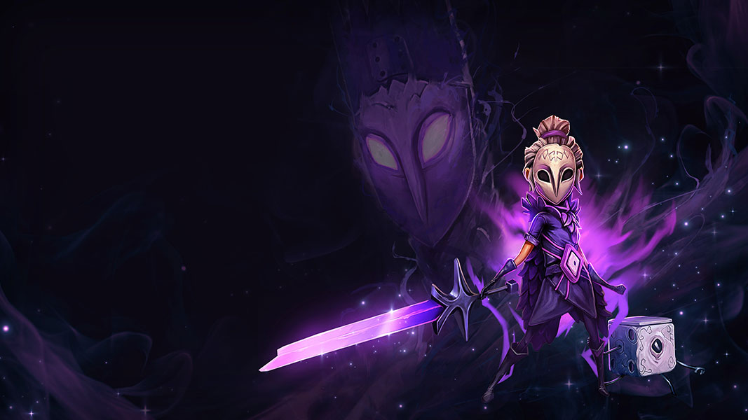 A masked character in purple armor standing heroically, bathed in a violet aura and wielding a large glowing sword