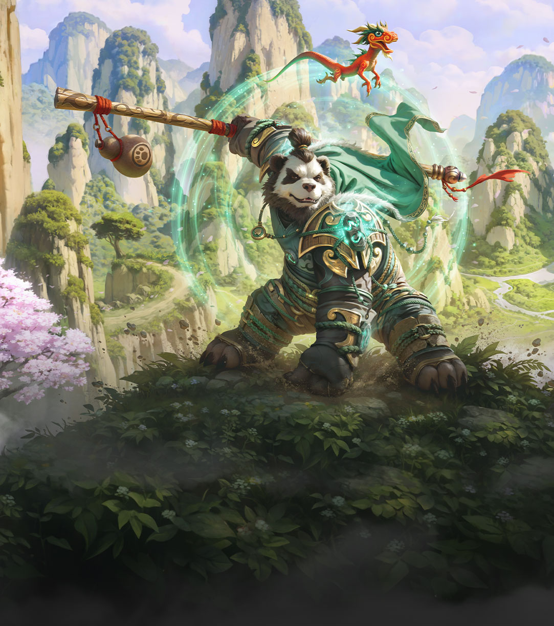 A Pandaren warrior stands ready for battle in the midst of an asian style mountain range