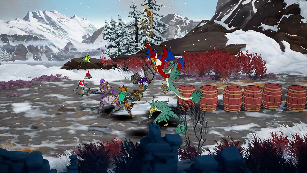 In a snowy tundra, an Ace jumps through the air to body slam an avian adversary.