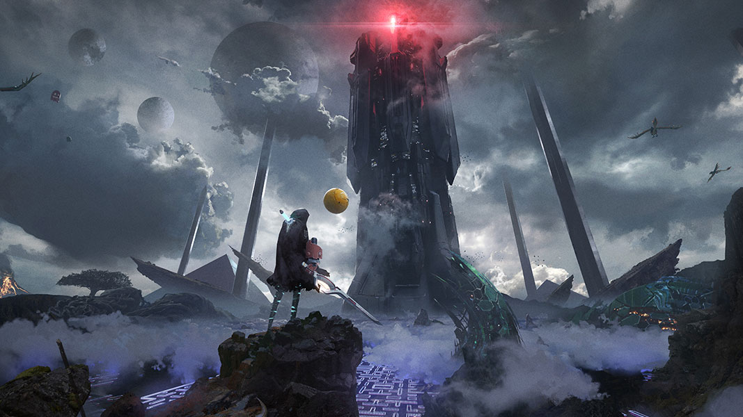 PAC-MAN and a hooded swordsman stand on a mountain top overlooking a labyrinth surrounded by futuristic ruins