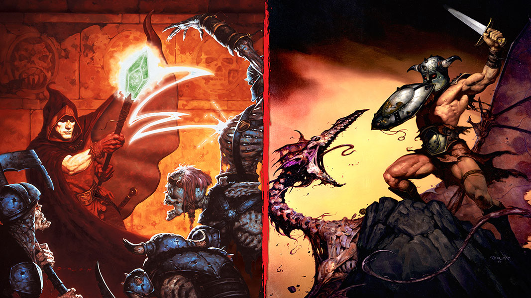 Two paintings side by side. One of a wizard with a staff fighting skeletons, and the other of a warrior with a sword fighting a dragon.