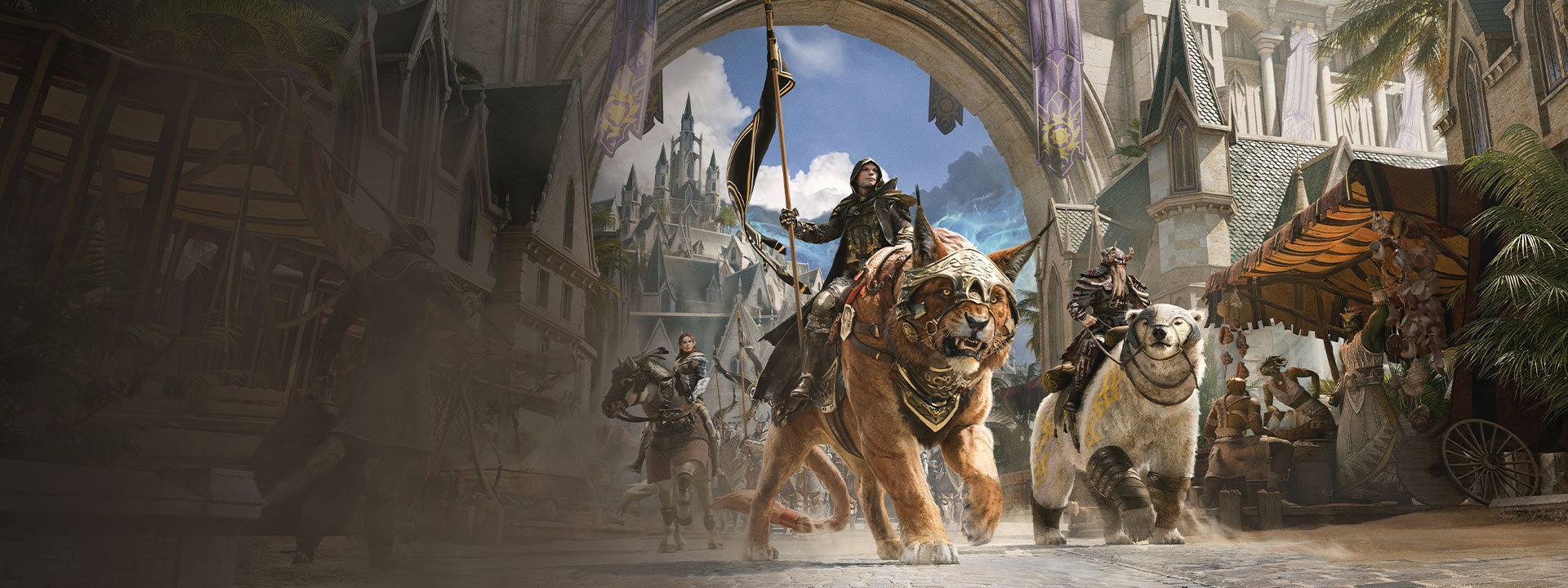 Three armored warriors exit city gates riding on beasts while townspeople look on