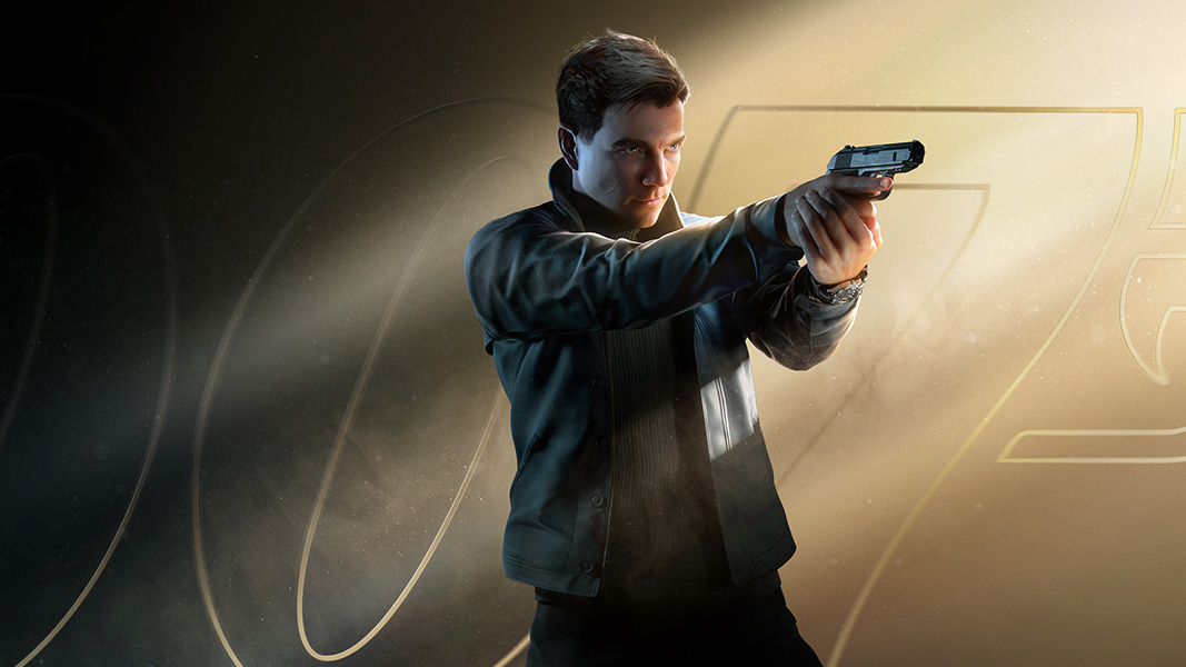 An agent stands in front of the 007 logo aiming his pistol