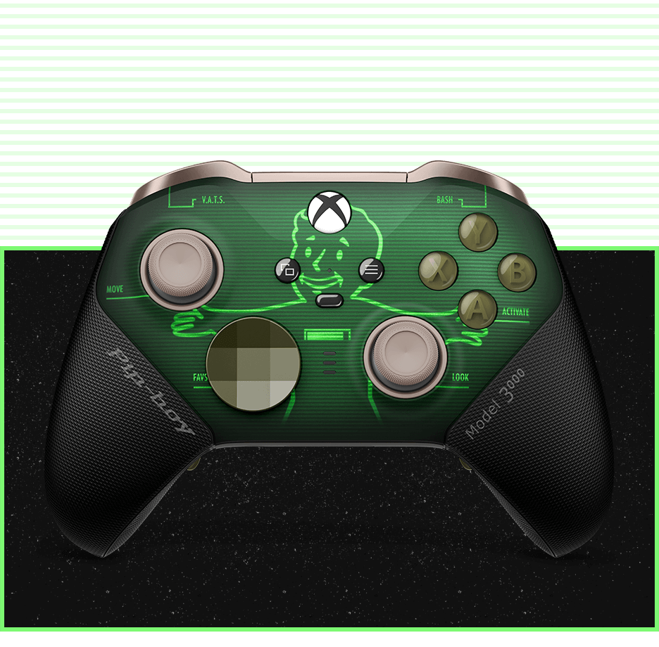 Vorderansicht des personalisierbaren Xbox Wireless Controller Series 2 – Fallout Pip-Boy