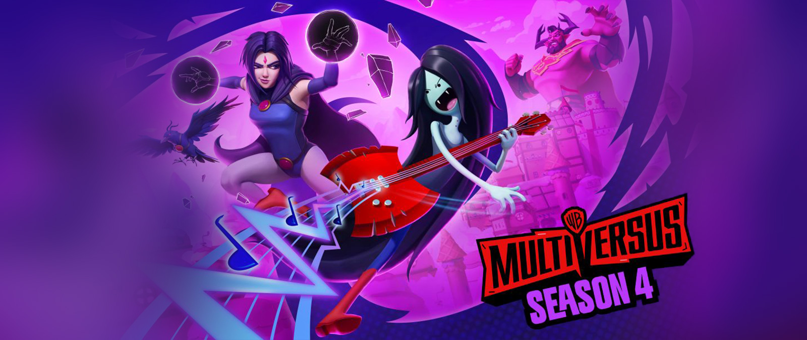 Warner Brothers Multiversus logo, Season 4, Raven from Teen Titan posed to fight and Marceline from Adventure Time playing her ax guitar.