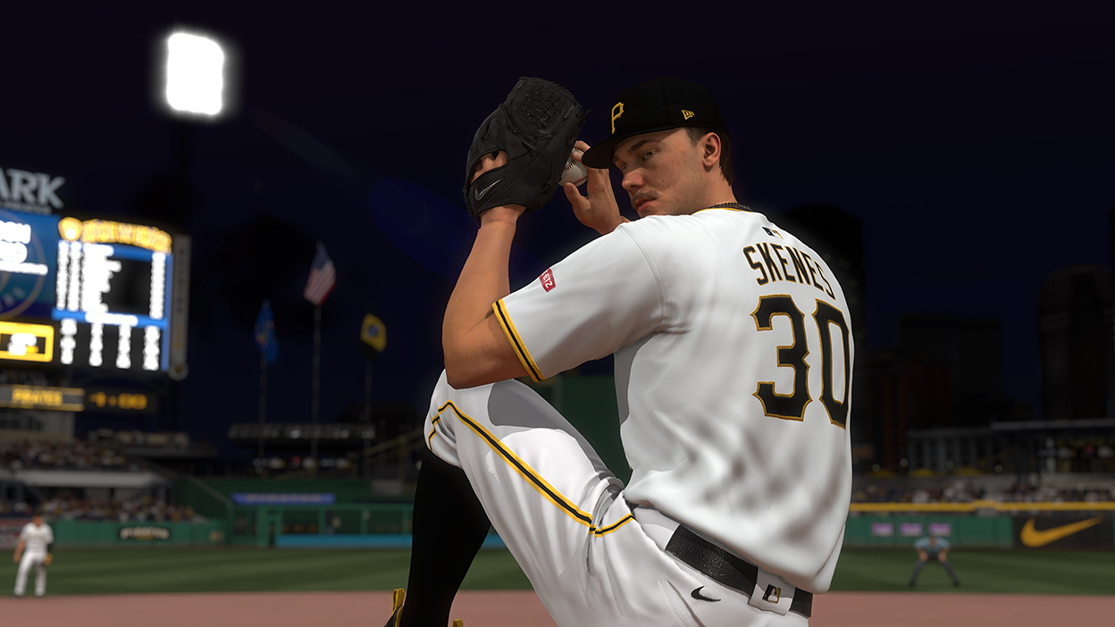 Paul Skenes in a number 30 Pittsburg Pirates jersey pitching a ball.