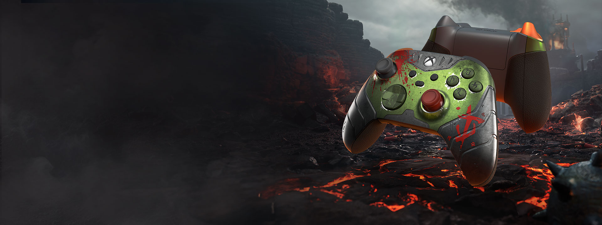 DOOM: The Dark Ages, Vistas da frente e de trás do Controle sem Fio Xbox – DOOM: The Dark Ages Edição Limitada no campo de lava de um cenário infernal