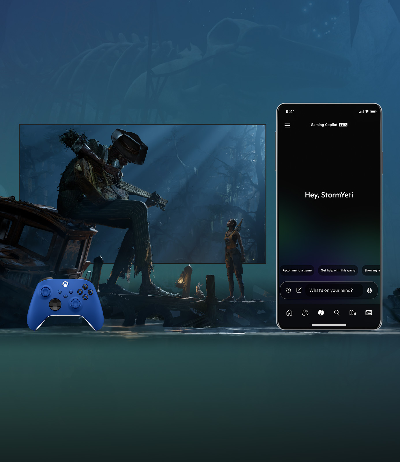 A mobile phone next to a TV with South of Midnight gameplay next to a Xbox Wireless Controller.